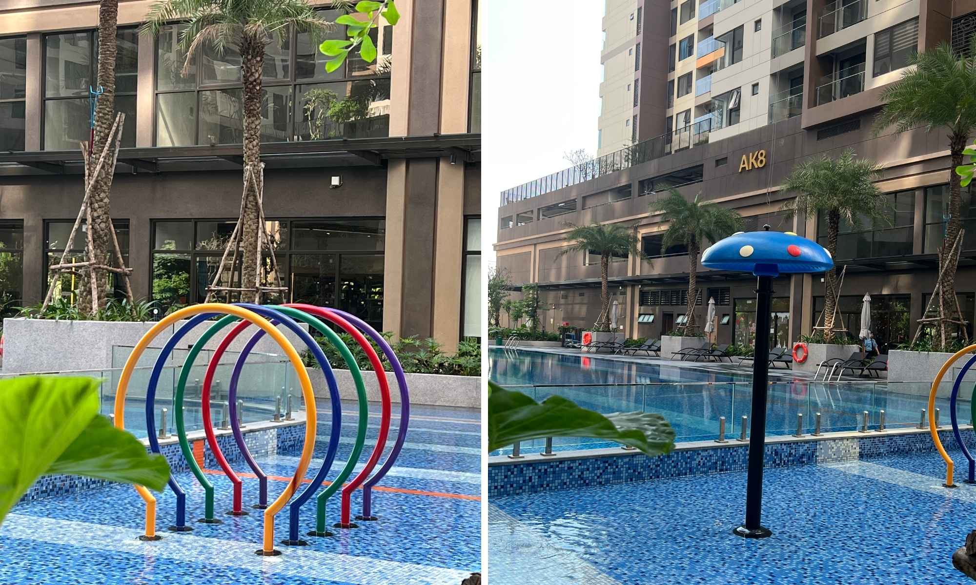 Thiết bị trang trí xung quanh hồ bơi được thiết kế tinh tế, tạo nên không gian thư giãn đẳng cấp và nâng tầm hình ảnh toàn khu đô thị.